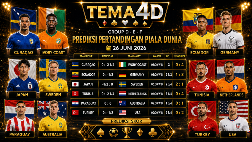 Prediksi Pertandingan Piala Dunia 26 Juni 2026 Curacao vs Ivory Coast, Ecuador vs Germany hingga Turkey vs USA